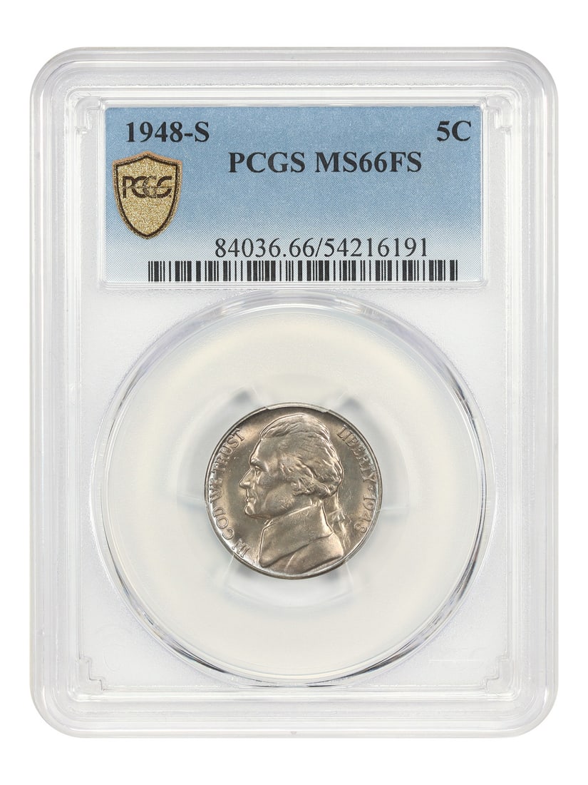 PCGS MS66FS Jefferson Nickel 1948-S Five Cent San Francisco Mint: PCGS MS66FS Jefferson Nickel 1948-S Five Cent San Francisco Mint This 1948-S Jefferson Nickel is graded MS66FS by PCGS, indicating a high-quality uncirculated coin with Full Steps designation. Minted