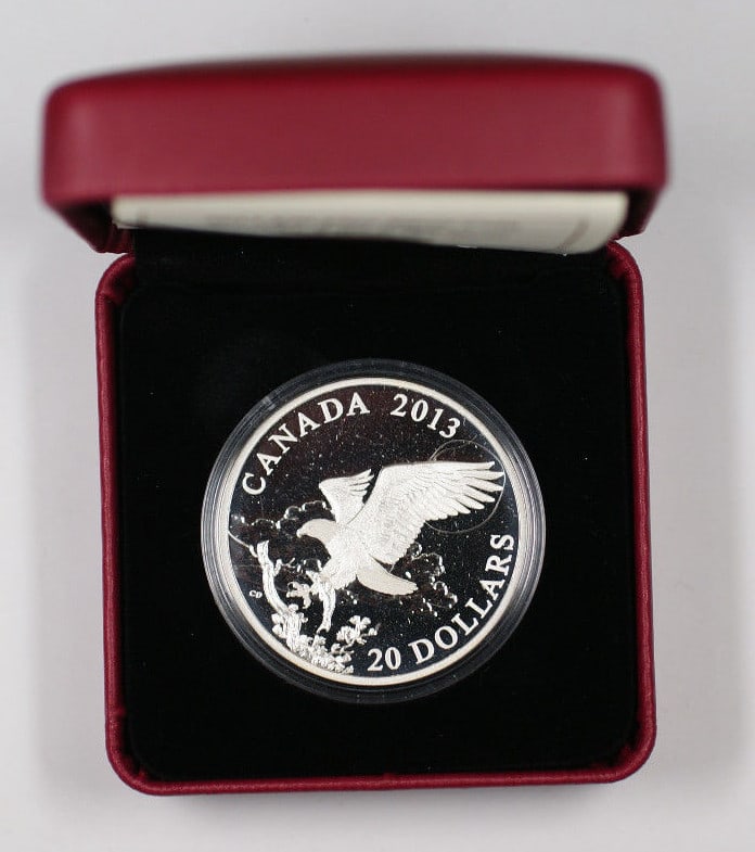 2013 Canada 1 oz Silver Bald Eagle Commemorative Coin in Original Packaging: 2013 Canada 1 oz Silver Bald Eagle Commemorative Coin in Original Packaging This 2013 Canada $20 commemorative coin features the 'Bald Eagle Returning From The Hunt' design. Struck in 1 troy ounce of