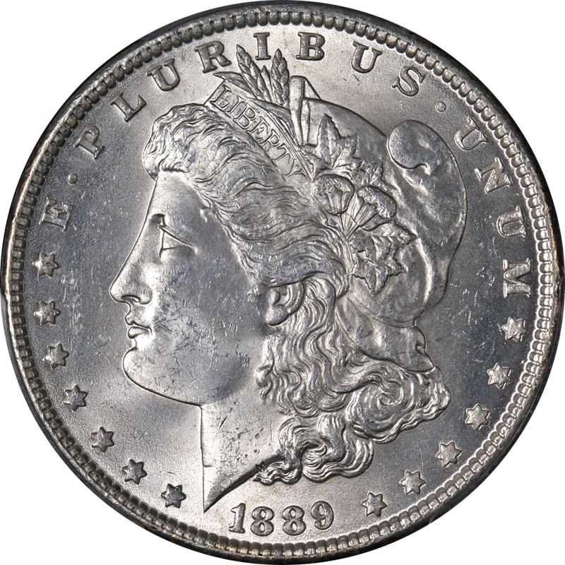 PCGS MS64 1889 Philadelphia Morgan Dollar Silver Coin Blast White Uncirculated: PCGS MS64 1889 Philadelphia Morgan Dollar Silver Coin Blast White Uncirculated This 1889-P Morgan Silver Dollar is graded MS64 by PCGS and features a bright, blast white appearance with a strong strik