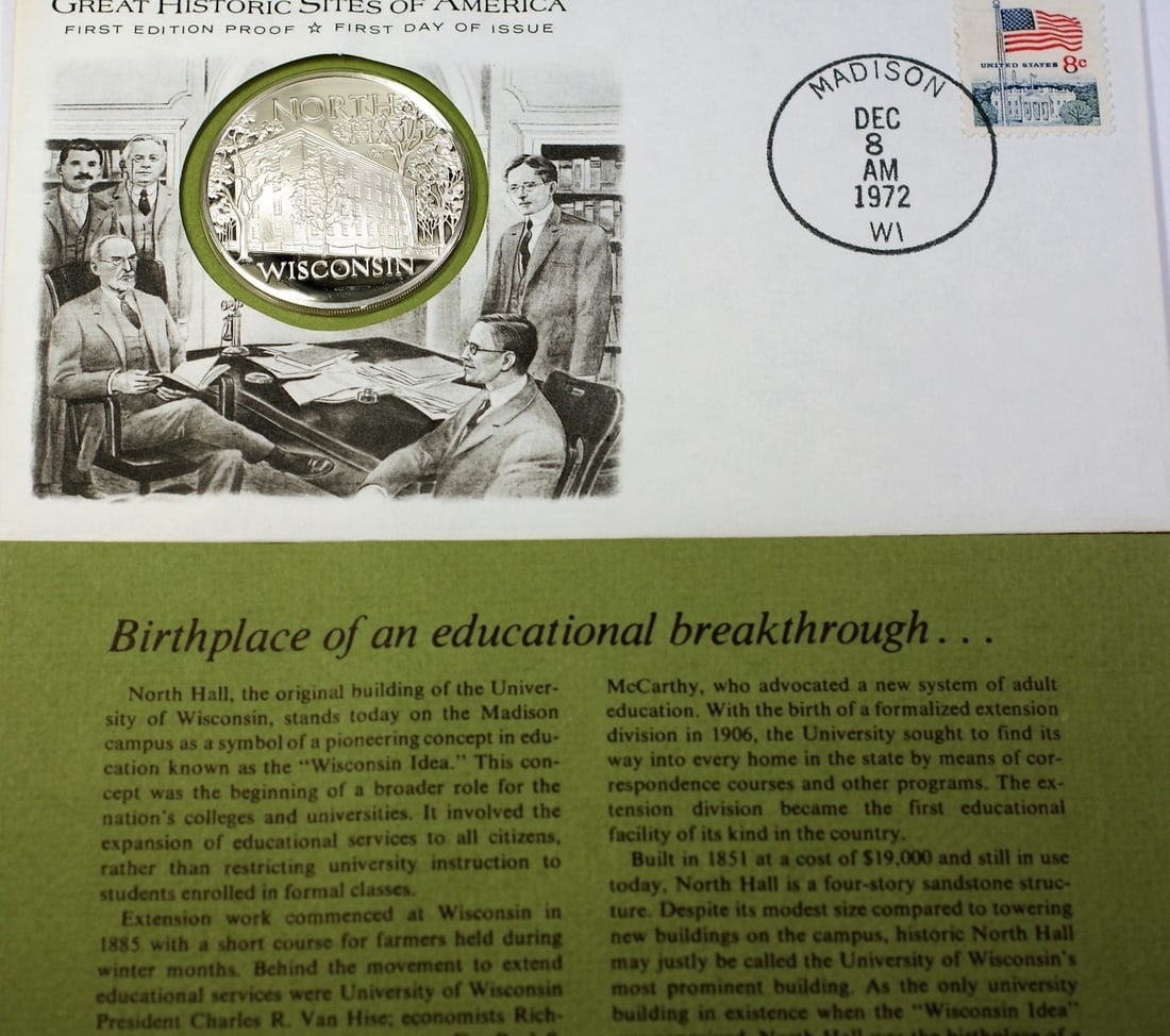 Proof Sterling Silver 1972 North Hall Wisconsin Historic Sites Medal First Day Cover: Proof Sterling Silver 1972 North Hall Wisconsin Historic Sites Medal First Day Cover This 1972 North Hall Wisconsin Great Historic Sites medal is crafted in proof sterling silver with a fineness of 0.