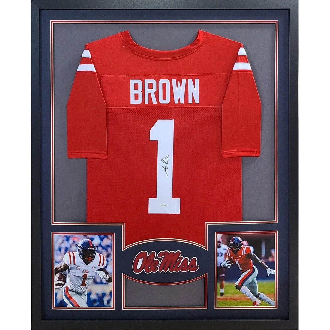 Framed Ole Miss Rebels Jersey Signed by A.J. Brown with JSA Authentication: Framed Ole Miss Rebels Jersey Signed by A.J. Brown with JSA Authentication This framed jersey features the authentic signature of A.J. Brown from the Ole Miss Rebels. The autograph is verified by JSA