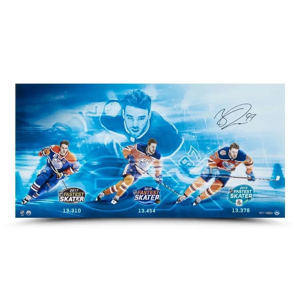 Connor McDavid Autographed 18x36 Photo 3x Fastest Skater Upper Deck Limited Edition: Connor McDavid Autographed 18x36 Photo 3x Fastest Skater Upper Deck Limited Edition This stunning 18x36 photo captures Connor McDavid, renowned for being the '3x Fastest Skater' in the NHL, showcasing