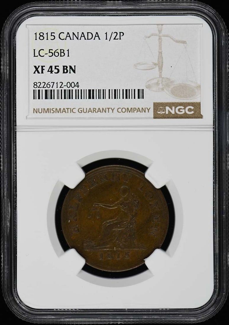 1815 Canada LC-56B1 NGC XF45BN Half Penny Token: 1815 Canada LC-56B1 NGC XF45BN Half Penny Token This 1815 Canada LC-56B1 Half Penny Token is certified by NGC with a grade of XF45, indicating excellent condition for a circulated coin. The token feat