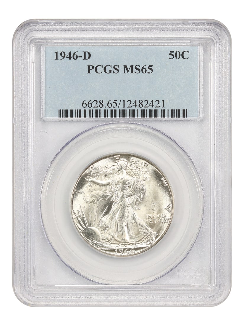 PCGS MS65 1946 Denver Walking Liberty Half Dollar 50 Cent Coin: PCGS MS65 1946 Denver Walking Liberty Half Dollar 50 Cent Coin This is a 1946-D Walking Liberty Half Dollar graded MS65 by PCGS. The coin is uncirculated and was minted in Denver. It features the clas