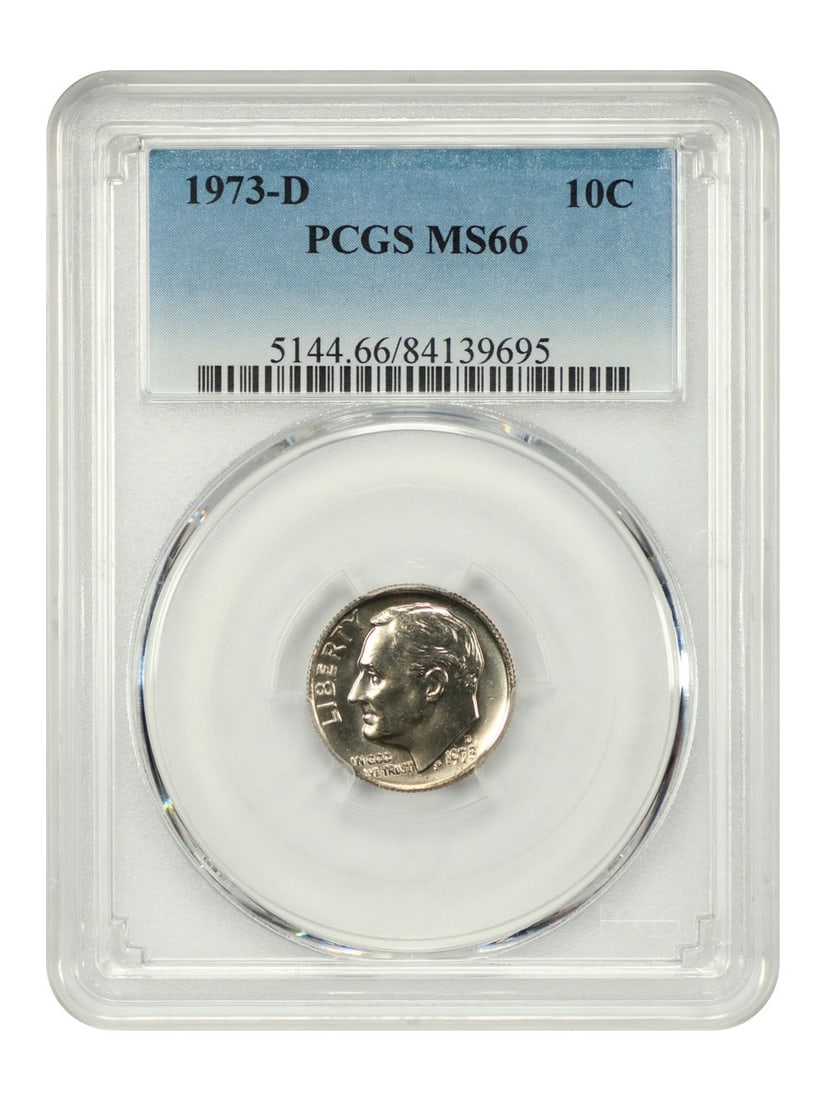 PCGS MS66 1973 Denver Roosevelt Dime 10C Uncirculated Coin: PCGS MS66 1973 Denver Roosevelt Dime 10C Uncirculated Coin This is a 1973-D Roosevelt Dime graded MS66 by PCGS. The coin is uncirculated and was minted in Denver. It is part of the Roosevelt Dime seri