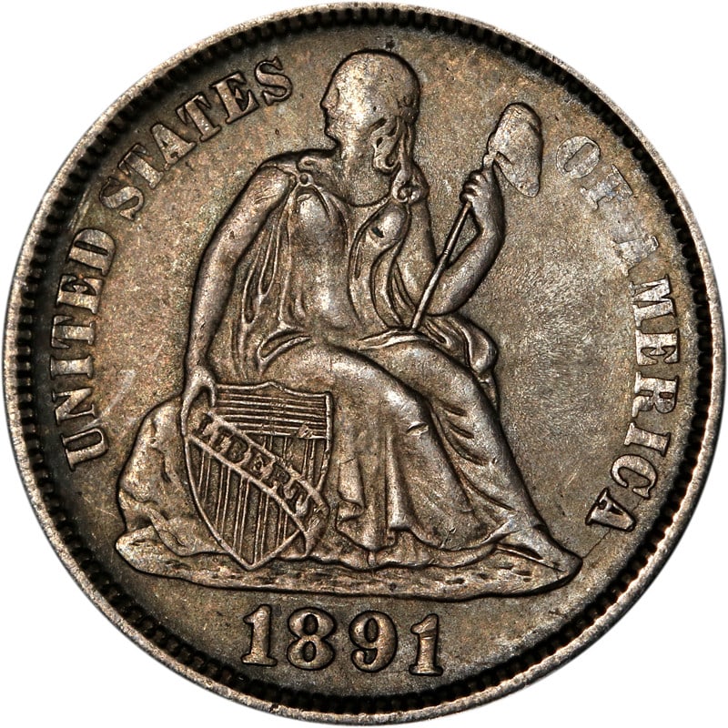1891 Philadelphia Silver Dime Seated Liberty Design United States Coin: 1891 Philadelphia Silver Dime Seated Liberty Design United States Coin This 1891-P Seated Liberty Dime is a circulated, pre-owned coin minted in Philadelphia. Made of silver, it is an example of class