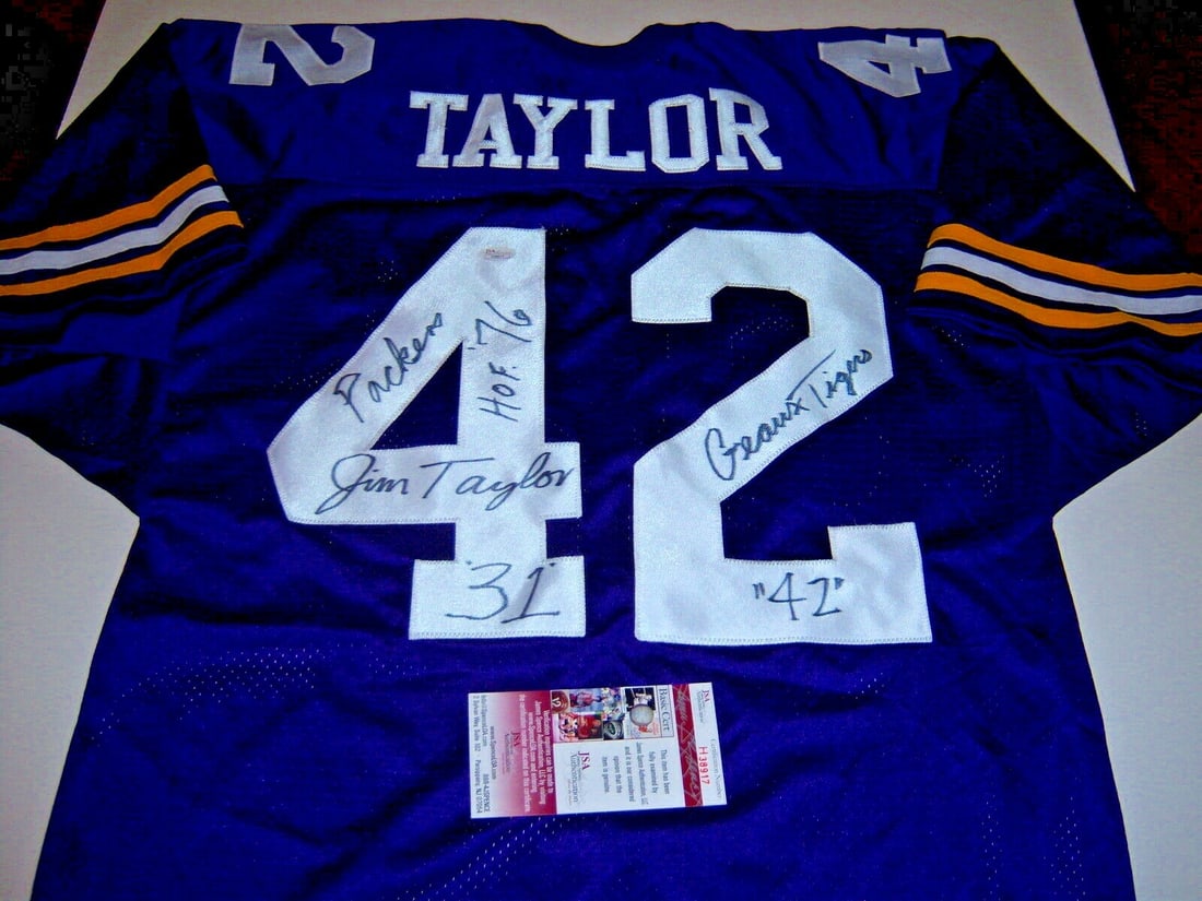 Jim Taylor LSU Tigers Signed Jersey HOF Collectible Autograph: Jim Taylor LSU Tigers Signed Jersey HOF Collectible Autograph This original signed jersey commemorates Jim Taylor, a legendary player for both the LSU Tigers and the Green Bay Packers, who was inducte