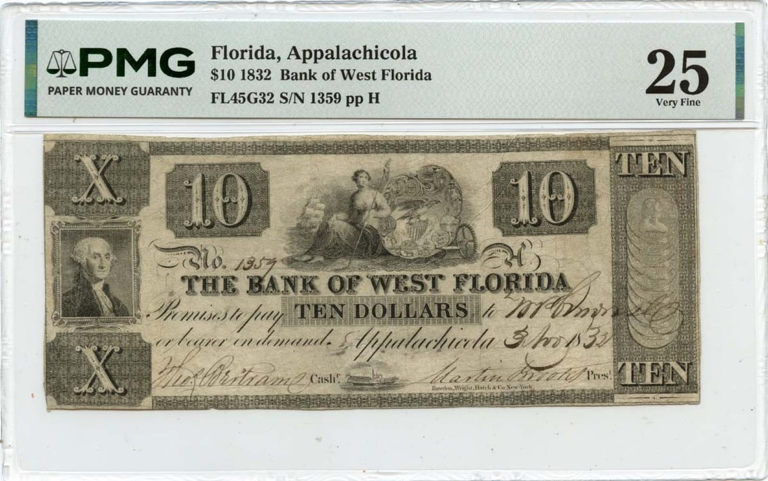 Bank of West Florida 1832 Ten Dollar Obsolete Note PMG VF25 Certified: Bank of West Florida 1832 Ten Dollar Obsolete Note PMG VF25 Certified This is an 1832 $10 obsolete note issued by the Bank of West Florida in Appalachicola, Florida. It has been certified and graded V