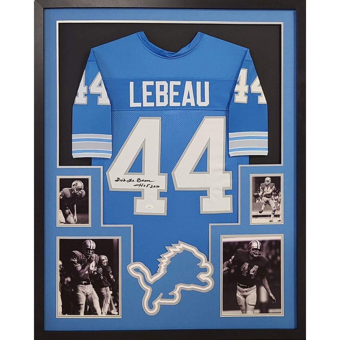 Dick Lebeau Signed JSA Certified Framed Jersey Detroit Lions: Dick Lebeau Signed JSA Certified Framed Jersey Detroit Lions This is a framed jersey signed by Dick Lebeau, a distinguished figure from the Detroit Lions. Authenticated by JSA, a leading authority in