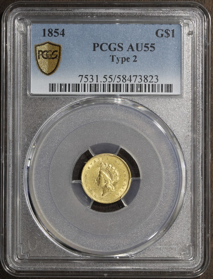 1854 Gold Dollar Type 2 Indian Princess AU55 PCGS Certified: 1854 Gold Dollar Type 2 Indian Princess AU55 PCGS Certified This 1854 Type 2 Indian Princess Gold Dollar is graded AU 55 by PCGS. Minted in Philadelphia, this circulated gold coin represents pre-1933