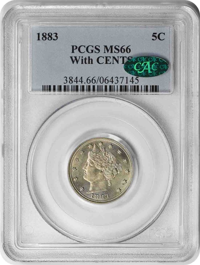 PCGS CAC MS66 1883 Liberty Nickel With Cents Five Cent Coin: PCGS CAC MS66 1883 Liberty Nickel With Cents Five Cent Coin This 1883 Liberty Nickel is an un-used coin from the United States, certified by PCGS with a grade of MS66 and approved by CAC. Composed of