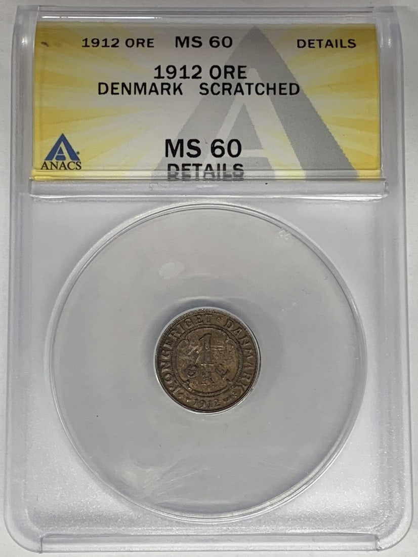 ANACS MS 60 Details 1912 Denmark 1 Ore Coin With Scratches: ANACS MS 60 Details 1912 Denmark 1 Ore Coin With Scratches This is a 1912 Denmark 1 Ore coin that has been certified by ANACS with a grade of MS 60 Details. The coin is noted as having scratches. It i