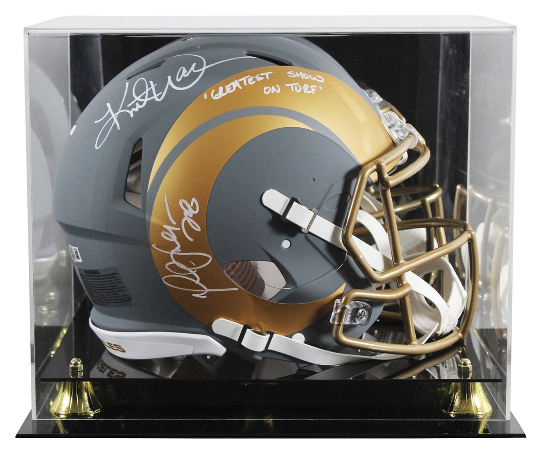 Marshall Faulk Kurt Warner Signed Rams Helmet with BAS Authentication: Marshall Faulk Kurt Warner Signed Rams Helmet with BAS Authentication This autographed full-size Speed Proline helmet features the signatures of NFL legends Marshall Faulk and Kurt Warner, both member