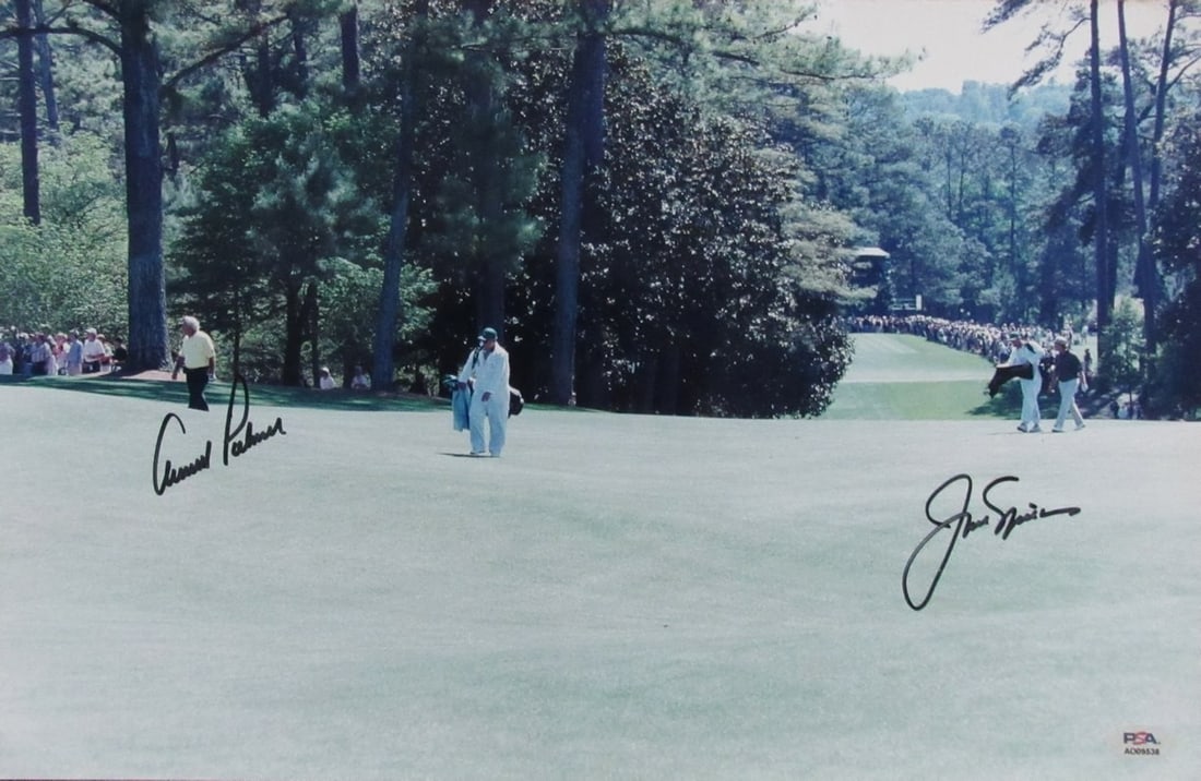 Jack Nicklaus Arnold Palmer Dual Signed 11x17 Photo PSA DNA: Jack Nicklaus Arnold Palmer Dual Signed 11x17 Photo PSA DNA This is an original 11x17 photo dual-signed by golf legends Jack Nicklaus and Arnold Palmer. The item is authenticated by PSA/DNA, featuring