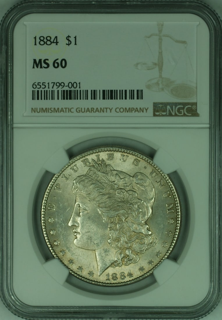 NGC MS-60 Graded 1884 Morgan Silver Dollar Philadelphia Mint: NGC MS-60 Graded 1884 Morgan Silver Dollar Philadelphia Mint This 1884 Morgan Silver Dollar is certified by NGC with a grade of MS-60. Struck in silver at the Philadelphia Mint, this uncirculated coin