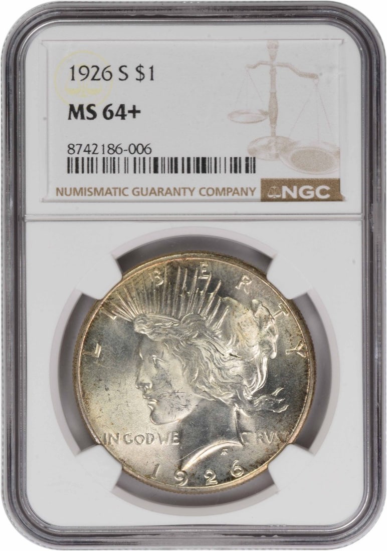 NGC MS64+ 1926-S Peace Dollar San Francisco Mint Silver Coin: NGC MS64+ 1926-S Peace Dollar San Francisco Mint Silver Coin This is a 1926-S Peace Silver Dollar graded MS64+ by NGC. Struck at the San Francisco Mint, this uncirculated coin features a composition o