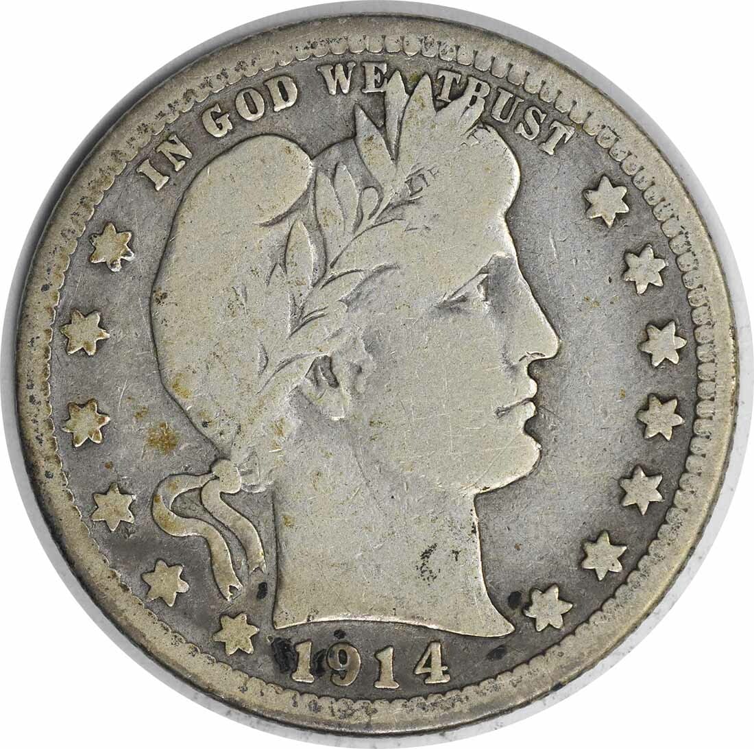 1914-S Barber Silver Quarter 25C VG Uncertified 90% Silver: 1914-S Barber Silver Quarter 25C VG Uncertified 90% Silver This 1914-S Barber Silver Quarter is a choice example of a circulated coin, expertly crafted in San Francisco. Designed by Charles E. Barber,
