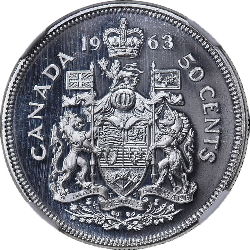 1963 Canada Silver 50 Cent Coin NGC PL67 Cameo Uncirculated: 1963 Canada Silver 50 Cent Coin NGC PL67 Cameo Uncirculated This exquisite 1963 Canada Silver 50 Cent coin showcases remarkable eye appeal, boasting fantastic luster and a strong strike. It is certifi