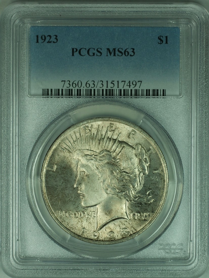 PCGS MS63 1923 Peace Dollar Silver Coin Light Toning: PCGS MS63 1923 Peace Dollar Silver Coin Light Toning This 1923 Peace Silver Dollar features a lightly toned finish and is certified by PCGS with a grade of MS63. Minted in Philadelphia, it is composed