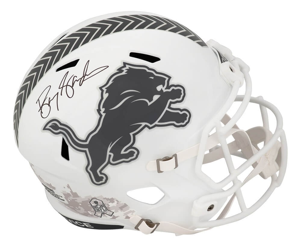 Barry Sanders Signed Lions SALUTE 2024 Replica Helmet with COA: Barry Sanders Signed Lions SALUTE 2024 Replica Helmet with COA Celebrate the legacy of Barry Sanders with this signed Detroit Lions SALUTE 2024 white Riddell full-size speed replica helmet. This origi