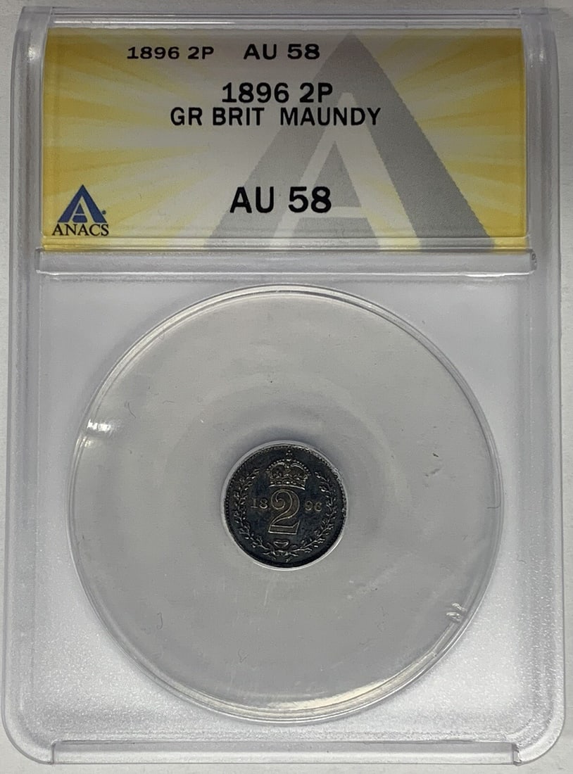 ANACS AU 58 Certified 1896 Maundy 2 Pence Coin United Kingdom: ANACS AU 58 Certified 1896 Maundy 2 Pence Coin United Kingdom This is an 1896 Great Britain Maundy 2 Pence coin, graded AU 58 and certified by ANACS. The coin originates from the United Kingdom and is