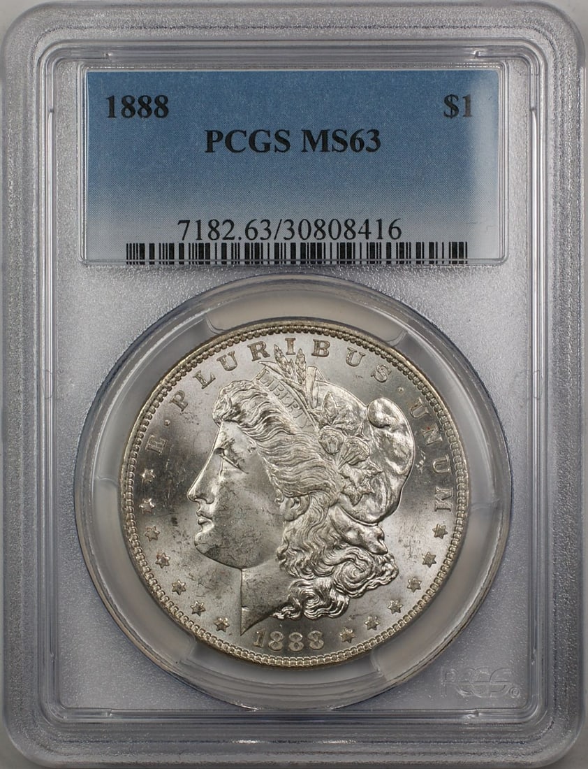 PCGS MS 63 Certified 1888 Silver Morgan Dollar Philadelphia Mint: PCGS MS 63 Certified 1888 Silver Morgan Dollar Philadelphia Mint This 1888 Morgan Silver Dollar was minted in Philadelphia and is composed of silver. The coin has been certified by PCGS with a grade o