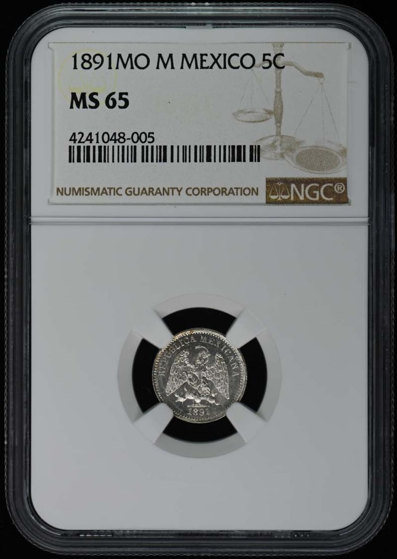 1891 Mexico 5 Cent Coin NGC MS65 Uncirculated: 1891 Mexico 5 Cent Coin NGC MS65 Uncirculated This stunning 1891 Mexican 5 Centavos coin is graded MS65 by NGC, indicating its exceptional uncirculated condition. The coin features intricate details a