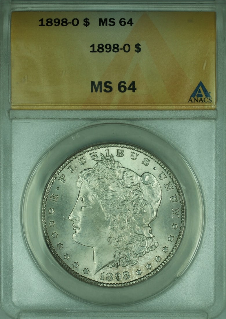 ANACS MS-64 1898-O Morgan Dollar Uncirculated Light Toning Silver Coin: ANACS MS-64 1898-O Morgan Dollar Uncirculated Light Toning Silver Coin This is an uncirculated 1898-O Morgan Silver Dollar $1 coin certified by ANACS with a grade of MS-64. The coin is lightly toned a