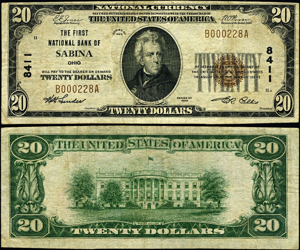 1929 T-1 $20 National Bank Note Sabina Ohio Ch #8411: 1929 T-1 $20 National Bank Note Sabina Ohio Ch #8411 This 1929 T-1 National Bank Note from Sabina, Ohio, features a denomination of $20 and is classified as Very Fine (VF) grade. It has been circulate