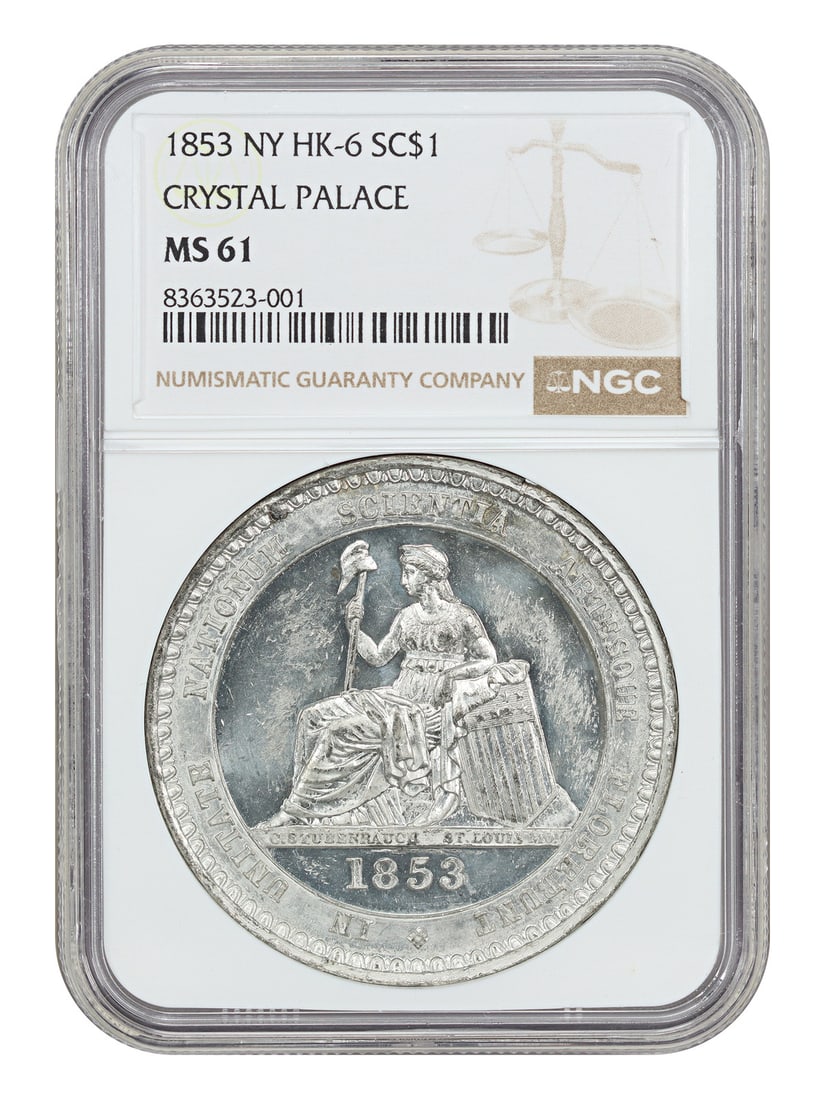 1853 Crystal Palace So-Called Dollar NGC MS61 HK-6 Type 1: 1853 Crystal Palace So-Called Dollar NGC MS61 HK-6 Type 1 This 1853 So-Called Dollar features an intricate depiction of the Crystal Palace in New York. Graded MS61 by NGC, this Type 1 White Medal (HK-