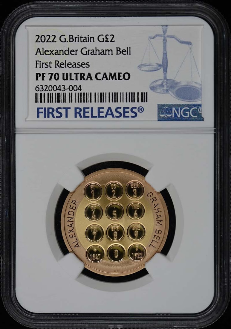 Alexander Graham Bell 2022 UK Coin NGC PR70DCAM First Releases: Alexander Graham Bell 2022 UK Coin NGC PR70DCAM First Releases This is a 2022 Great Britain Alexander Graham Bell commemorative coin, graded PR70DCAM by NGC. The coin is un-used and has received the p