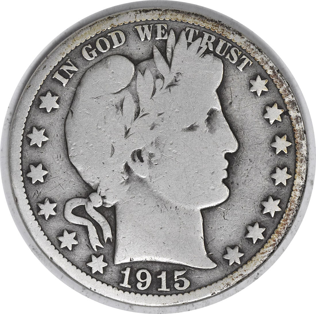 1915 Barber Silver Half Dollar 50C Uncertified VG Philadelphia Mint: 1915 Barber Silver Half Dollar 50C Uncertified VG Philadelphia Mint This 1915 Barber Silver Half Dollar showcases the craftsmanship of designer Charles E. Barber. Minted in Philadelphia, this coin has