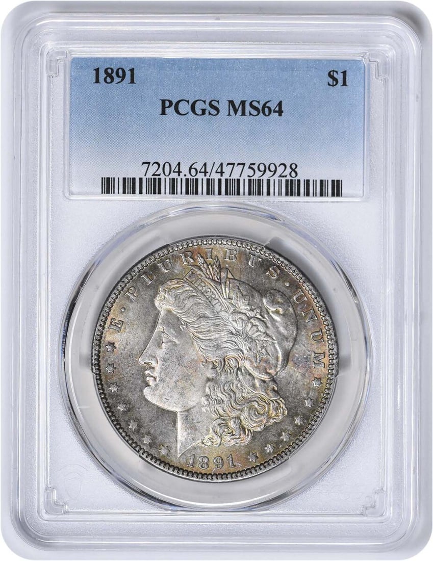 1891 Morgan Silver Dollar MS64 PCGS Uncirculated 90% Silver: 1891 Morgan Silver Dollar MS64 PCGS Uncirculated 90% Silver This 1891 Morgan Silver Dollar is a valuable addition for any coin collector. Graded MS64 by PCGS, this uncirculated coin showcases the exqu