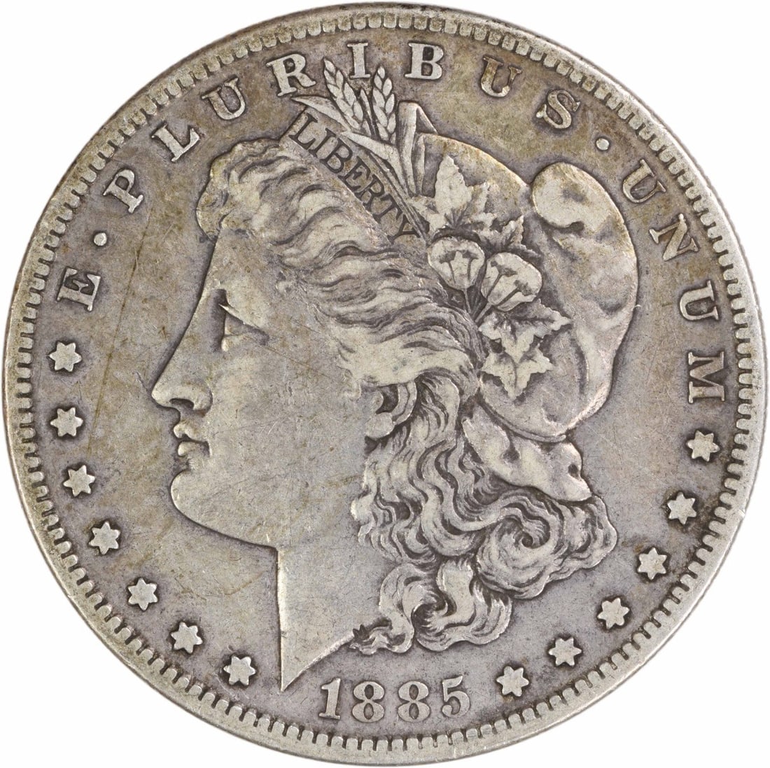 San Francisco 1885 Morgan Dollar 90% Silver VF Uncertified US Coin: San Francisco 1885 Morgan Dollar 90% Silver VF Uncertified US Coin This 1885-S Morgan Silver Dollar from the San Francisco Mint is a circulated coin graded VF (Very Fine). Composed of 90% silver and 1