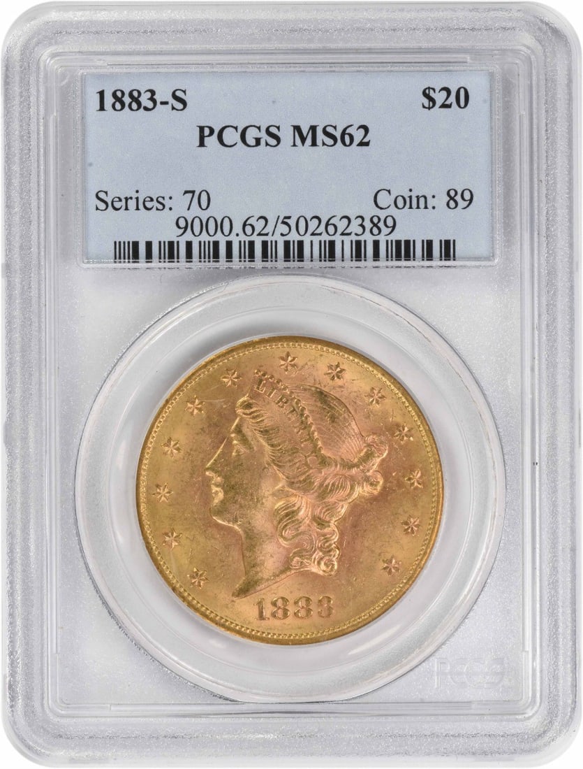 MS62 PCGS 1883 San Francisco Liberty Head $20 Gold Coin: MS62 PCGS 1883 San Francisco Liberty Head $20 Gold Coin This 1883-S $20 Gold Liberty Head coin is certified MS62 by PCGS, indicating uncirculated condition. Minted in San Francisco, it features a desi
