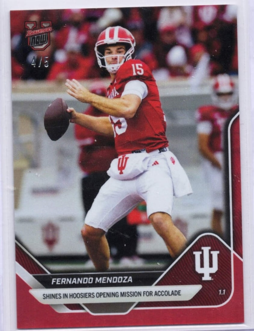 Fernando Mendoza Indiana Red Foil Rookie /5 2025 Bowman U Now Card: Fernando Mendoza Indiana Red Foil Rookie /5 2025 Bowman U Now Card This is a 2025 Topps Bowman U Now Fernando Mendoza #64 Red Foil rookie card, limited to just 5 copies. The card features Fernando Men