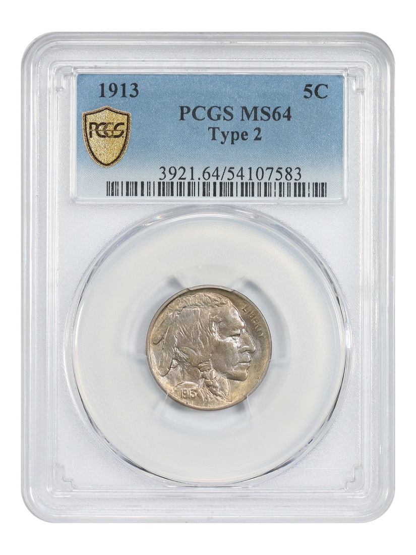1913 Buffalo Nickel Type 2 Five Cent Coin PCGS MS64 Certified: 1913 Buffalo Nickel Type 2 Five Cent Coin PCGS MS64 Certified This 1913 Buffalo Nickel is graded MS64 by PCGS and features the Type 2 revised reverse design, marking the first year of this style. The