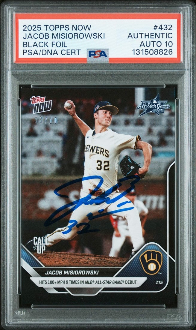 PSA 10 Jacob Misiorowski 2025 Topps Now Black Rookie Auto Card #432 Serial 10: PSA 10 Jacob Misiorowski 2025 Topps Now Black Rookie Auto Card #432 Serial 10 This is a 2025 Topps Now Jacob Misiorowski #432 Black /10 Rookie Card featuring an on-card autograph. The card is graded a