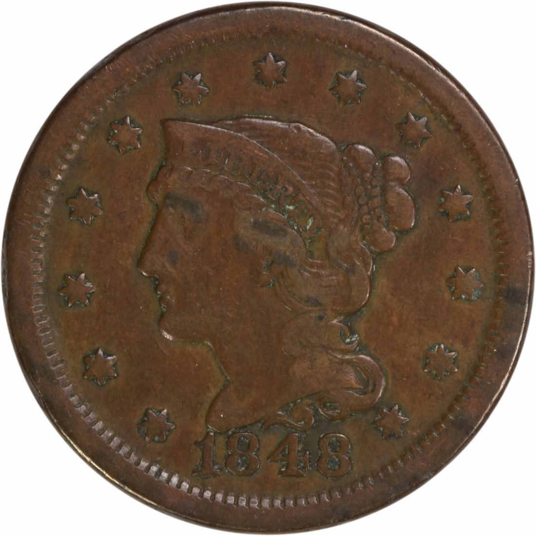 1848 Braided Hair Large Cent VF Uncertified Copper Coin: 1848 Braided Hair Large Cent VF Uncertified Copper Coin This 1848 Large Cent features a design by Christian Gobrecht and is part of the Braided Hair series. It is a circulated coin with a grade of VF
