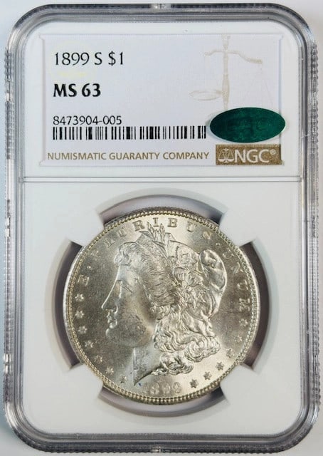 San Francisco 1899 Silver Dollar NGC MS63 CAC Certified Uncirculated Coin: San Francisco 1899 Silver Dollar NGC MS63 CAC Certified Uncirculated Coin This 1899 S Morgan Silver Dollar is certified by NGC and CAC with a grade of MS 63, indicating its uncirculated condition. Min