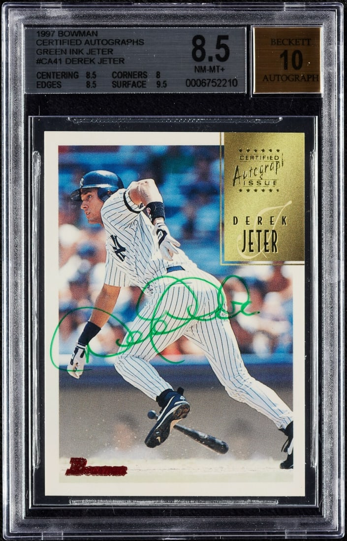 1997 Bowman Derek Jeter Green Ink Autograph BGS 8.5 AUTO 10 Beckett: 1997 Bowman Derek Jeter Green Ink Autograph BGS 8.5 AUTO 10 Beckett This 1997 Bowman Derek Jeter Autographs card is a must-have for collectors. It showcases a stunning green ink signature from the leg