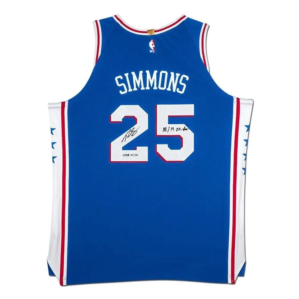 Ben Simmons Autographed 76ers Jersey Inscribed 18/19 All-Star /125 Upper Deck Certified: Ben Simmons Autographed 76ers Jersey Inscribed 18/19 All-Star /125 Upper Deck Certified Celebrate the talent of Ben Simmons with this autographed Philadelphia 76ers jersey. This original jersey featur