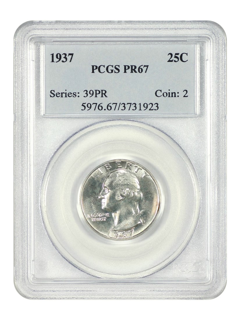 1937 Proof Washington Quarter PCGS PR67 Certified 25C Coin: 1937 Proof Washington Quarter PCGS PR67 Certified 25C Coin This 1937 Washington Quarter is a desirable proof issue, graded PR67 by PCGS. Struck at the Philadelphia Mint, it is an uncirculated coin wit