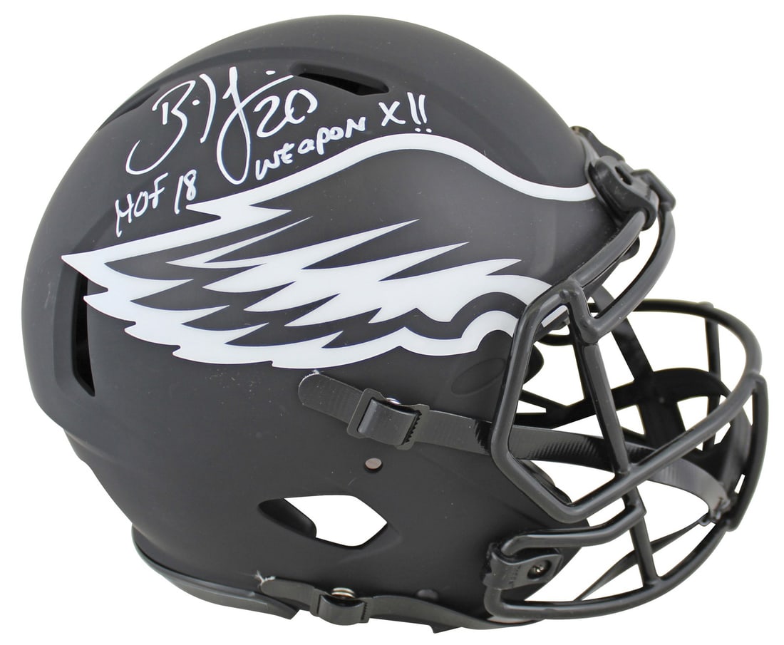 Brian Dawkins Signed Eclipse Full Size Helmet with HOF 18 Inscription JSA: Brian Dawkins Signed Eclipse Full Size Helmet with HOF 18 Inscription JSA This Philadelphia Eagles Eclipse Full Size Speed Proline Helmet is a remarkable collectible, personally signed by Brian Dawkin