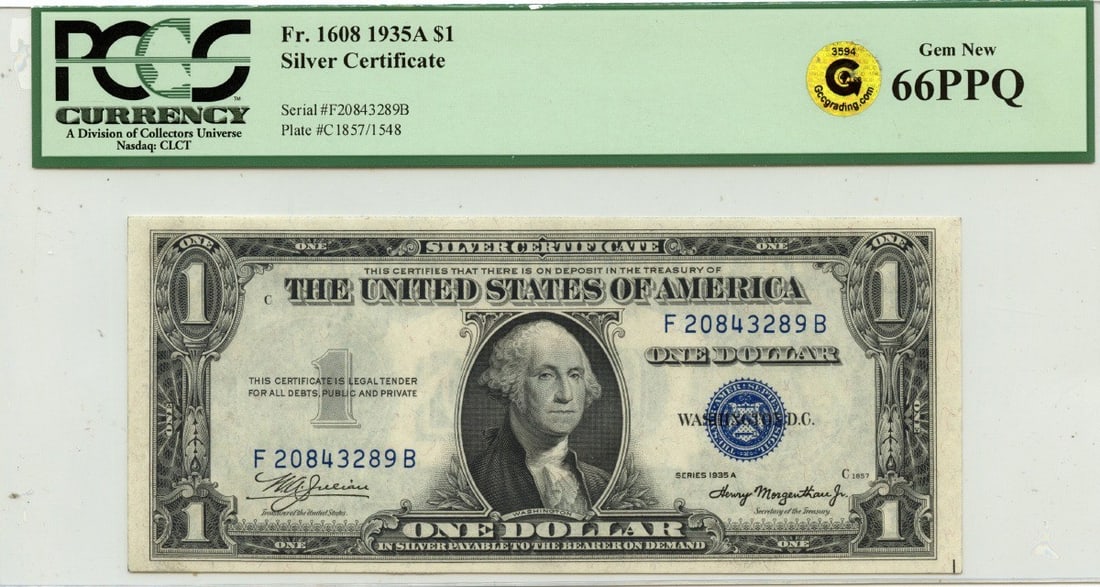 1935A $1 Silver Certificate FR#1608 PCGS MS66 Gem Gold: 1935A $1 Silver Certificate FR#1608 PCGS MS66 Gem Gold This 1935A $1 Silver Certificate is a remarkable piece of currency history, graded MS66 by PCGS Currency, ensuring its excellent condition. As an