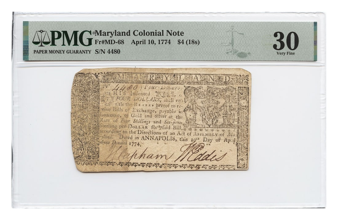 1774 $4 Maryland Colonial Currency PMG VF30 Certified Note: 1774 $4 Maryland Colonial Currency PMG VF30 Certified Note This historical Maryland Colonial Currency note, dated April 10, 1774, features a denomination of $4 (18 shillings). Certified by PMG with a