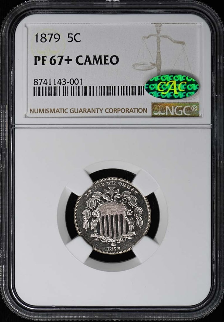 Proof 1879 Shield Nickel NGC PR67 Plus CAM CAC: Proof 1879 Shield Nickel NGC PR67 Plus CAM CAC This 1879 Shield Nickel is graded PR67+CAM by NGC and features a Cameo designation. Struck as a proof coin at the Philadelphia Mint, it is uncirculated a