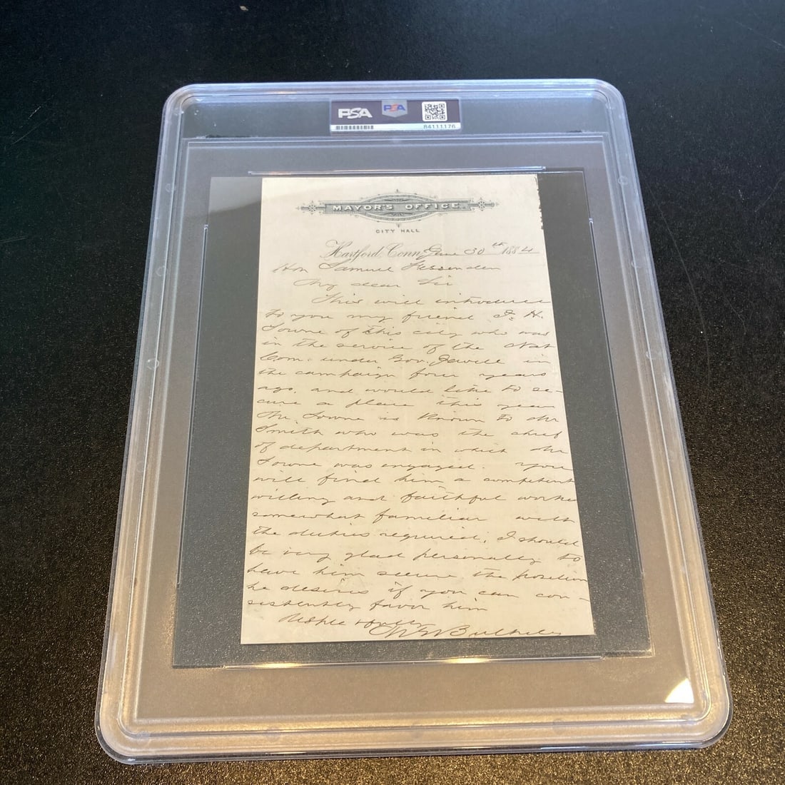 Morgan Bulkeley 1884 Handwritten Letter PSA DNA 8 HOF Signed: Morgan Bulkeley 1884 Handwritten Letter PSA DNA 8 HOF Signed This unique piece features a one-page handwritten letter dated June 30, 1884, signed by Morgan Bulkeley, the first President of the Nationa