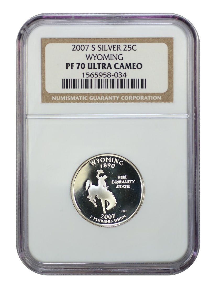 2007-S Wyoming 25C NGC PR70DCAM Silver Washington Quarter: 2007-S Wyoming 25C NGC PR70DCAM Silver Washington Quarter This 2007-S 25C Wyoming quarter is certified by NGC with a perfect grade of PR70DCAM, indicating it is in pristine condition. This coin is par
