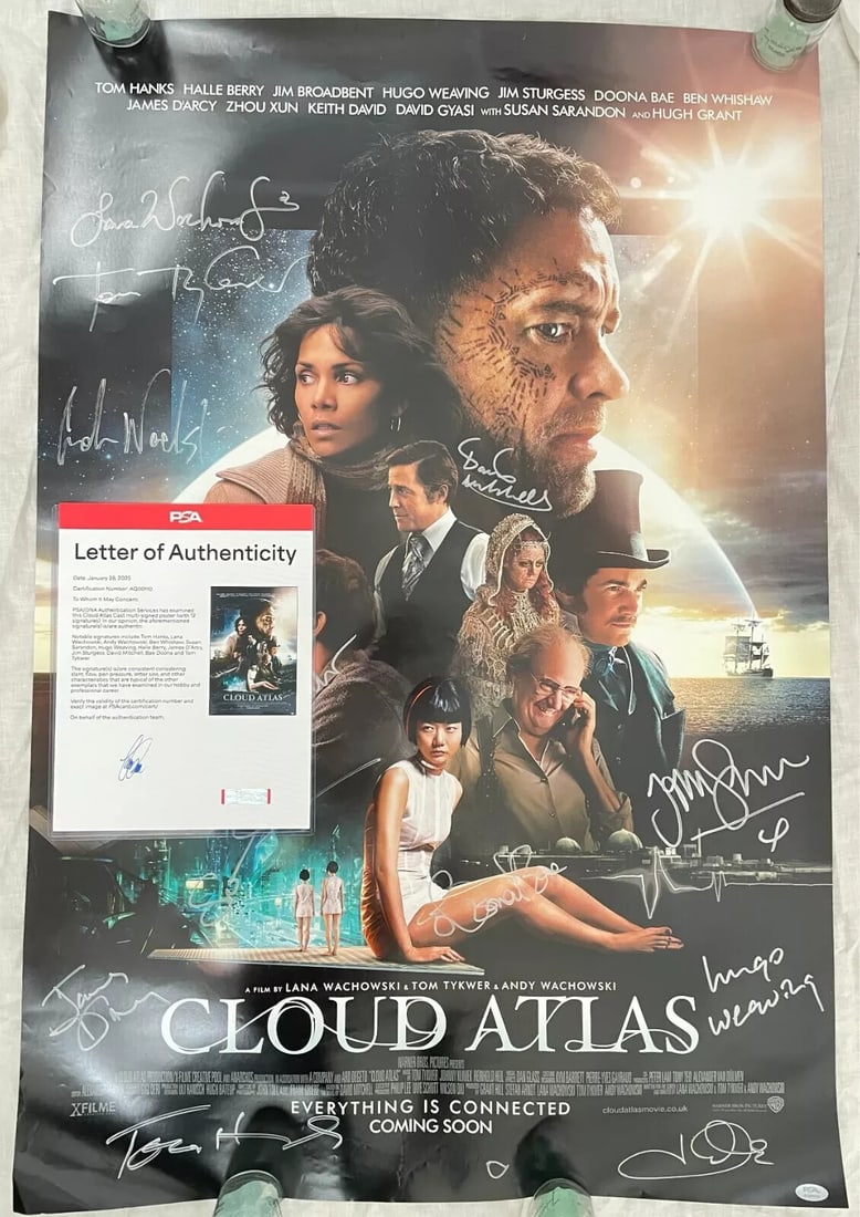 Cloud Atlas Signed Movie Poster 27x40 Tom Hanks Wachowski 12 Signatures PSA/DNA: Cloud Atlas Signed Movie Poster 27x40 Tom Hanks Wachowski 12 Signatures PSA/DNA This is an original double-sided 27" x 40" movie poster for 'Cloud Atlas', autographed by twelve notable figures from th